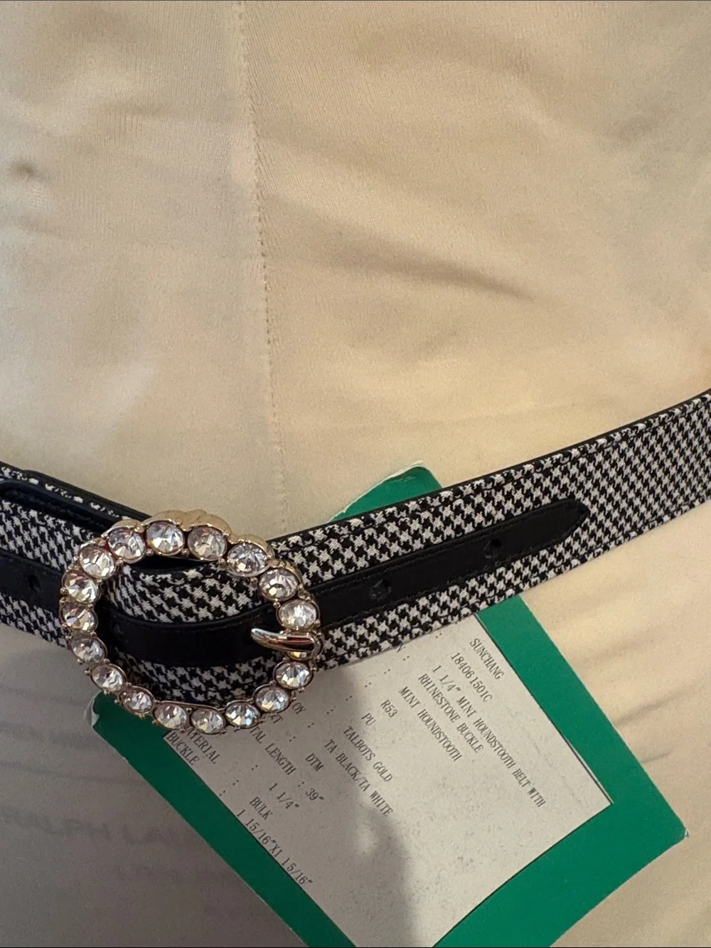 Talbots Black & White Houndstooth Belt with Crystal Buckle
